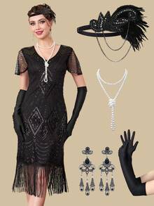 1920s Flapper Dress, Vintage Fringe Sequin Cocktail Dress With Accessories Set - Black - View 1
