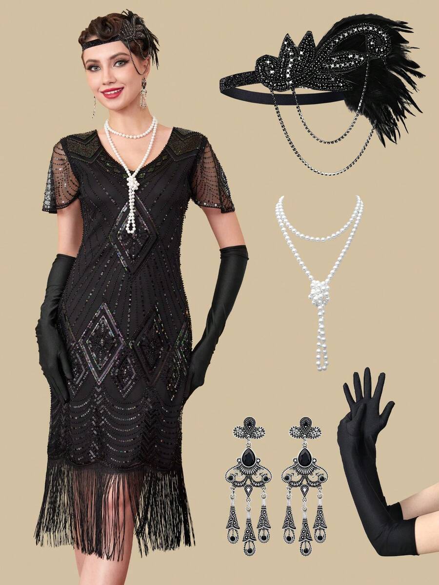1920s Flapper Dress, Vintage Fringe Sequin Cocktail Dress With Accessories Set - Black - View 1