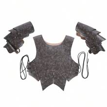 一套中世纪维京复古PU皮革手工铆钉战士盔甲胸甲肩甲服装，嘉年华舞台服装，北欧维京战士角色扮演凶猛盔甲套装 - 灰色 - 查看 2