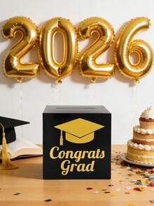 1个毕业纸卡盒，2026届毕业纪念盒/礼品盒/祝贺毕业留言卡盒/投票盒/建议卡盒/毕业投票游戏用品/毕业派对装饰/毕业派对用品/毕业礼物，黑金蓝金红金配色 - 彩色 - 查看 7