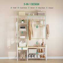 Hzuaneri Coat Rack With Shoe Bench, Wardrobe With Shoe Bench, 1 Drawer, Clothes Rack With 17 Hooks, 1 Hanging Rail, 4-Tier Side Frame, 120 X 40 X 182 Cm - White Oak Color - View 2