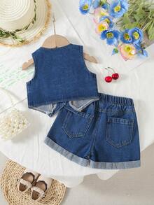 2pcs/Set Cute & Sweet Cherry Embroidery Denim Baby Girl Fashion Outfit - Dark Wash - View 2
