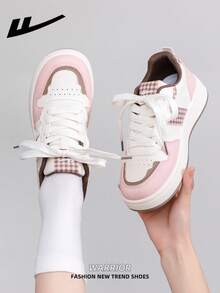 1双 WARRIOR 女士厚底系带软底休闲鞋，低帮户外平底鞋，圆头低跟防滑纯色优雅软底徒步鞋，适合学生、毕业照、平底鞋、低帮皮质运动滑板鞋 - 粉/米 - 查看 7