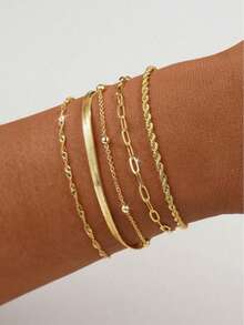 5pcs/Set Elegant Stackable Gold Tone Bracelets, Suitable For Women's Daily Wear (Random Bead Quantity, Fixed Length) - Gold - View 1