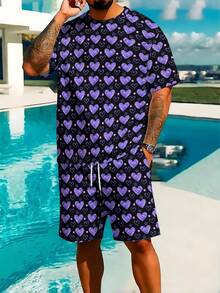 Artistic Black And Purple Textured Men's Sports Short-Sleeve Beach Pants Set. Drawstring Detail Design. Made Of Slightly Stretchy Polyester Fabric. Lightweight, Comfortable, Machine Washable All Year Round. Sporty And Casual Style. - 彩色 - 查看 2