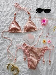 Bộ bikini nữ mùa xuân/hè mới, chất liệu vải ánh kim, đính hạt lấp lánh, gợi cảm và ngọt ngào, thích hợp cho bãi biển, kỳ nghỉ và các bữa tiệc ngày lễ, màu hồng. - Hồng - Xem 3
