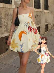 2026 Spring/Summer New Fashion Vacation Style Floral Print Design Loose Pleated Sleeveless Puff Dress, Women Short Dress, Suitable For Spring Break, Valentine's Day - Multicolor - View 3