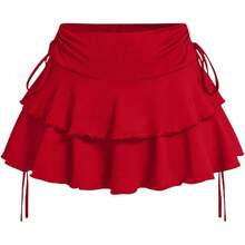 Women's Drawstring Bow Side Skirts Tiered Layer Ruffle Elastic Waist Y2K Coquette Short Skirts - 紅色 - 查看 1