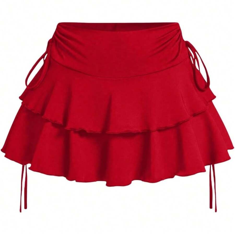 Women's Drawstring Bow Side Skirts Tiered Layer Ruffle Elastic Waist Y2K Coquette Short Skirts - 紅色 - 查看 1