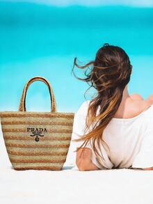 Prada Materiel Straw Tote, Striped Design, Spacious, Crossbody Bag, Beach Bag, Fashion - Brown - View 5