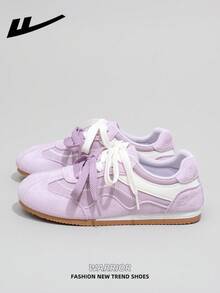 1双 WARRIOR 女士厚底系带软底休闲鞋，低帮户外平底鞋，圆头低跟防滑纯色优雅软底徒步鞋，适合学生、毕业照、平底鞋、低帮皮质运动滑板鞋 - 淺紫色/米 - 查看 2
