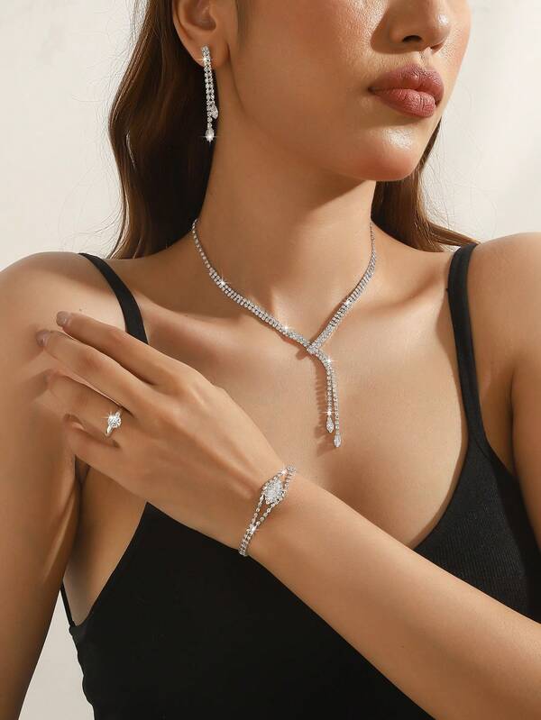 4pcs Elegant Minimalist Style Crystal Tassel Jewelry Set: Necklace, Bracelet, Earrings, Ring, For Daily Wear And Parties