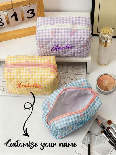 Customizable Makeup Bag, Name Customizable. Cute Bow Pattern Multi-Functional Checkerboard Makeup Bag, Wallet, Square Makeup Bag, Large Capacity Makeup Bag, Large Capacity Travel Makeup Bag, Makeup Bag/Skincare Bag, Toiletry Bag/Storage Bag, Travel Essential, Cruise Essential, Dorm Essential, Ideal Gift For Family And Friends On Valentine's Day Or Birthday