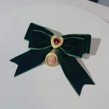 1pc French Court Retro Burgundy Velvet Heart Bow Brooch Autumn Winter Creative Light Luxury Bow Tie Women's Collar Accessories - 墨綠色 - 查看 11