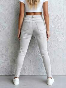 Women's Trousers With Zipper, Ripped Details, Boyfriend Style, Skinny Jeans, Autumn Jeans, Stretchy, Button Pockets, Everyday Wear. - Light Gray - View 3