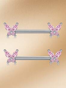 CIZME 1pair Sparkling Zirconia Pink Heart & Butterfly Nipple Barbells Nipple Rings,14G Heart Shaped Dangle Nipple Barbells Rings,Nipple Piercing Jewelry,Romantic Date Night Accessory Valentine's Day Gift - Silver - View 6