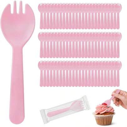 100Pcs Pink Plastic Spork, 4.2 Inch Individually Wrapped Disposable Cutlery, Small Fork Spoon Combo Desserts, Cakes, Appetizer, To - Go Party Use