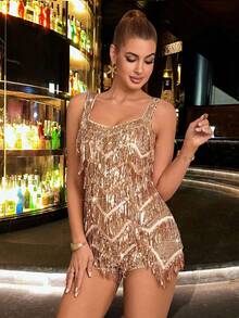 CHOSMO 新款纯色闪亮优雅重工亮片露背流苏女式连衣裙，适合婚礼宾客、派对、生日、周年纪念、毕业典礼、节日鸡尾酒会、正式晚宴、写真拍摄、舞会、旅行、舞台表演等场合。春季必备 - 香檳色 - 查看 1