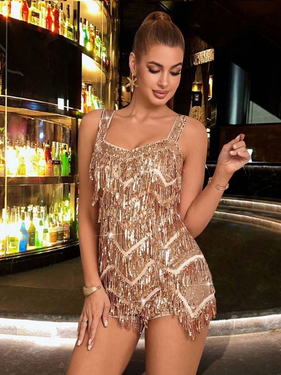 CHOSMO 新款纯色闪亮优雅重工亮片露背流苏女式连衣裙，适合婚礼宾客、派对、生日、周年纪念、毕业典礼、节日鸡尾酒会、正式晚宴、写真拍摄、舞会、旅行、舞台表演等场合。春季必备 - 香檳色 - 查看 1