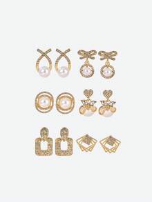 Opalesca 6 Pairs/Set Chic Luxury Faux Pearl Bowknot Rhinestone Cross Geometric Square Earrings, Vintage Fashion Earring Set Suitable For Women Daily & Festival Wear - Multicolor - View 1