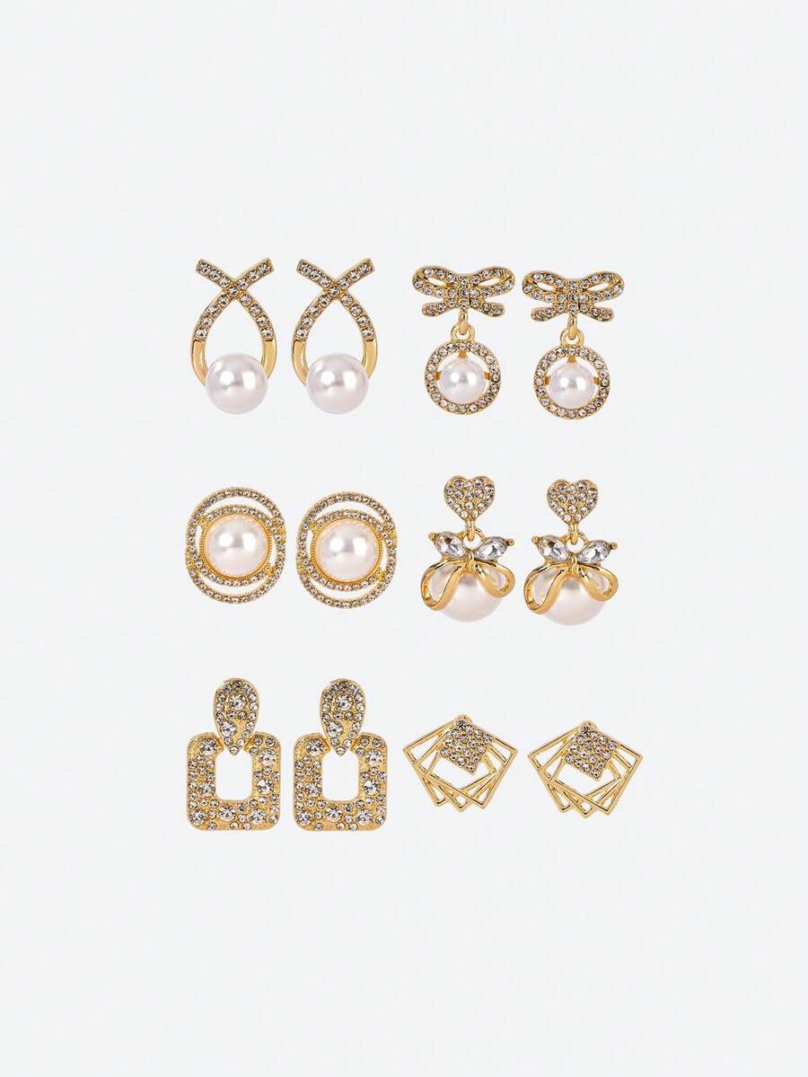 Opalesca 6 Pairs/Set Chic Luxury Faux Pearl Bowknot Rhinestone Cross Geometric Square Earrings, Vintage Fashion Earring Set Suitable For Women Daily & Festival Wear - Multicolor - View 1