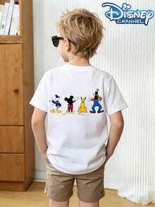 This Round-Neck Summer T-Shirt Features Front And Back Designs Of Disney Characters Mickey Mouse, Donald Duck, Goofy, And Pluto.  It's Suitable For Boys And Girls To Wear To Holiday Parties, Family Gatherings, Outdoor Activities, Travel, And As A Gift For Children Visiting Disneyland. - White - View 2