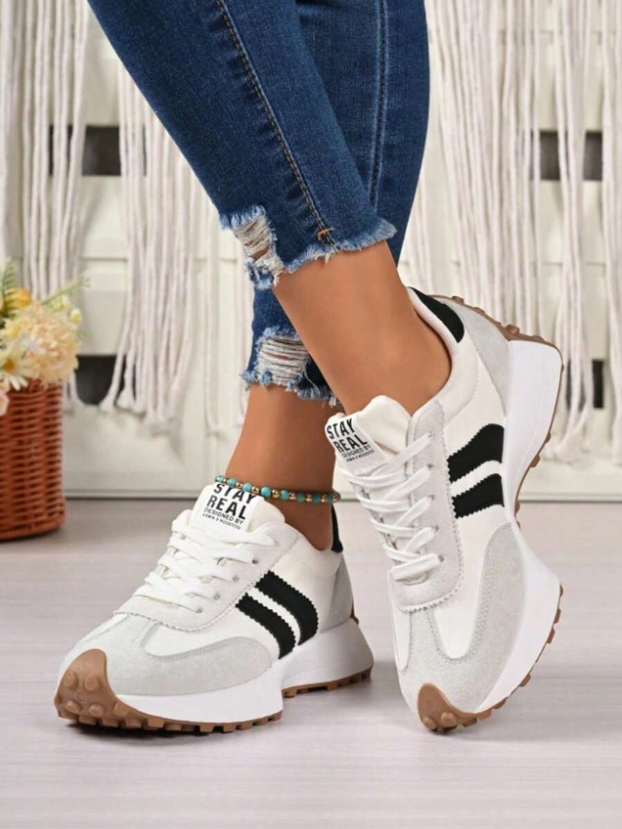 Women's White Casual Sneakers, Low-Top, Lightweight, Non-Slip, Wear-Resistant, Low Heel, Round Toe, Breathable, Lace-Up, Suitable For Outdoor Sports, Spring/Autumn - trắng - Xem 1