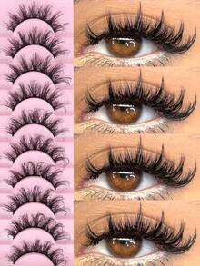 10对蓬松3D仿貂毛假睫毛，柔软浓密，猫眼造型，逼真自然，打造自然妆效，3D蓬松猫眼假睫毛，适合各种休闲场合，睫毛，睫毛嫁接，假睫毛