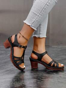 女士黑色搭扣交叉复古纯色PU皮革高跟凉鞋，露趾露跟，罗马风格，春夏款 - 黑色 - 查看 6