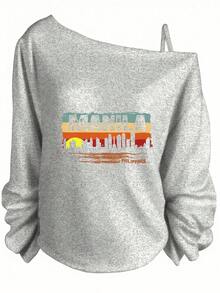 Summer Outfits For Women, Manila City Skyline Graphic Off Shoulder Sweatshirt, Vintage Sunset Design, Casual Streetwear,  Summer Tops-Holiday Outfits For Women, Theme Graphic Tees, Festival Wear, Fun Party - 灰色 - 查看 1