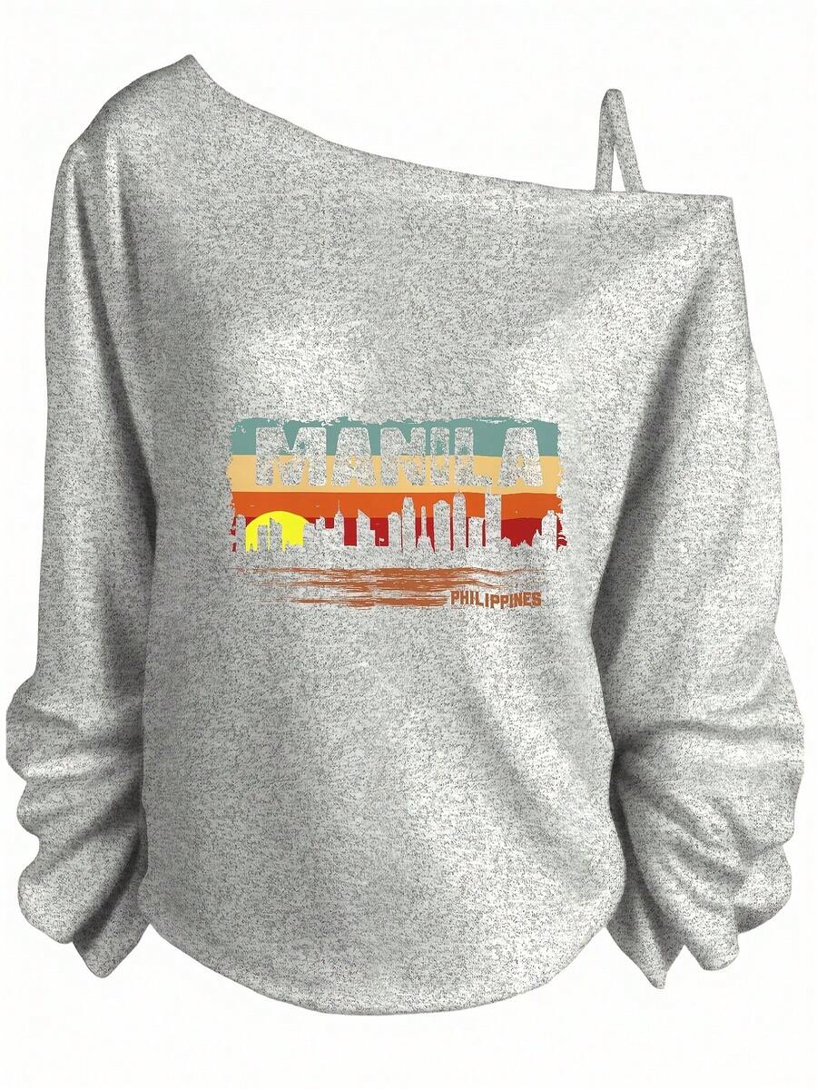 Summer Outfits For Women, Manila City Skyline Graphic Off Shoulder Sweatshirt, Vintage Sunset Design, Casual Streetwear, Summer Tops-Holiday Outfits For Women, Theme Graphic Tees, Festival Wear, Fun Party - 灰色 - 查看 1