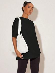2026 SUMMER TopBASICS Summer Casual Loose Fit Short Sleeve T-Shirt With Mock Neck And Drop ShoulderLoose And Comfortableshirt - 駝色 - 查看 10