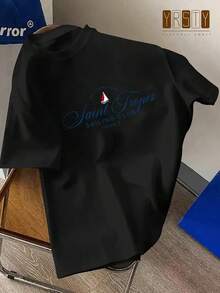 Men's T-Shirt With French Sailing Yacht | Short Sleeve Crew Neck Soft With Saint Tropez Lettering And Yacht Print, Ideal For Beach, Sailing And Casual Wear, Machine Washable, Regular Fit, Fashionable And Breathable - 黑色 - 查看 2