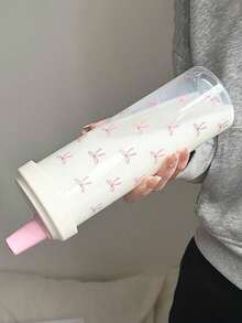 1pc Pink Bow Decor 500ml-700ml Water Bottle, Boba Tea Style Summer Cup, Large Capacity Plastic Cup With Thick Straw, Suitable For Women And Students, Travel, Daily Use, Outdoor Camping, Women Gift - Multicolor - View 3