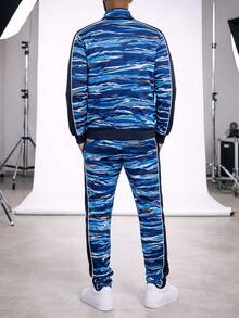 Mens All Over Print Designer Print Zip Up Jacket Track Suit Two Piece Set - Navy Blue - View 4