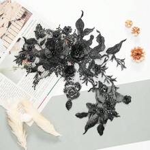 Silvora Colorful Flower Fabric Beaded Lace Applique,3D Embroidered Flower Fabric Patch For Bridal Dress, Handmade Sewing Tool For Wedding DIY Crafts(Black) - Black - 查看 4