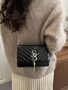 时尚纯色菱形图案翻盖小方包 时尚PU链条斜挎包 女士时尚流苏装饰迷你单肩包钱包，适合购物 - 黑色 - 查看 4