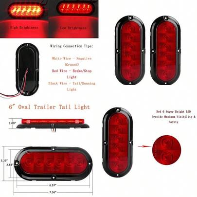 2Pcs 6 Oval Trailer Tail Lights Red 6 LED Stop Turn Brake Light Trailer Marker Lights Flush Mount For RV Truck Boat Trailer Waterproof