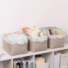 3sizes 1pc Foldable Desktop Storage Basket With Large Capacity And Handle For Toys Organizer, Linen Fabric Storage Basket For Dirty Clothes - White Spelled Khaki - View 7