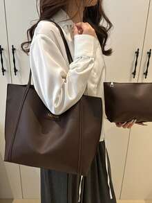 2pcs/Set Solid Color Small Shoulder Tote Bag & Clutch Wallet, PU Leather Material Suitable For Girls, Women Shopping, Work Commute And Daily Use - Coffee Brown - View 7