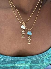 Colorful Drip Oil Stainless Steel Striped Fish Bone Pendant Necklace, Handmade Beaded Multi-Pendant Necklace, Versatile Accessory For Vacation And Gift - Necklace - View 6