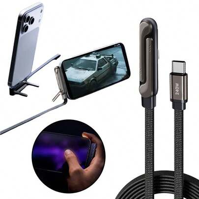 Durcord 二合一 240W（最大）快充折叠支架数据线，尼龙编织快充线，可折叠手机/平板支架，Type-C 转 Type-C，兼容 17/16/15/CarPlay、荣耀手机、笔记本电脑、平板电脑，高效充电线