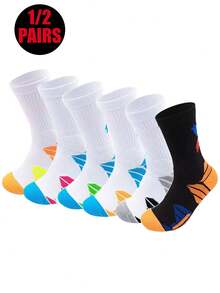 1/2 Pair Men's Crew Socks, Towel Bottom Sports Socks For Running, Basketball, Football, Versatile & Suitable For Sports - Multicolor - View 2