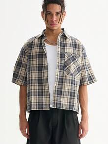 Men's Blue Cropped Plaid Shirt Cotton Summer Casual Oversized Streetwear - 藍色 - 查看 8