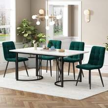 Dining Set (5 Pieces), Table And 4 Chairs, Modern Kitchen Set, 140*80cm Kitchen Table With Gold Metal Legs, White MDF Top, Dark Green Velvet Dining Chairs - Black and White - View 12