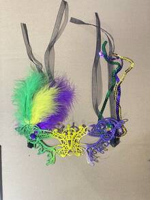 1pc Feather Half Face Mask, Detachable Side Flower Masquerade Mask, Costume Prop Suitable For Festivals