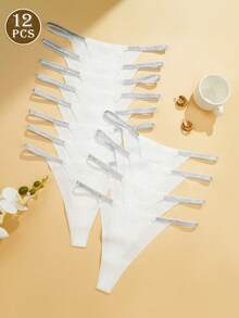 12 Pcs/Pack Sexy Low Rise Thongs Breathable Soft G-Strings Ladies Cozy Seamless Tanga Panties No Show Knickers Women's Comfortable Underwear & Lingerie, White - White - View 3