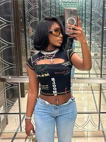 Women's New City Style Hottie Fashion Versatile Top: Crew Neck Letter Print Sexy Hollow-Out Short-Sleeve T-Shirt - 黑色 - 查看 4
