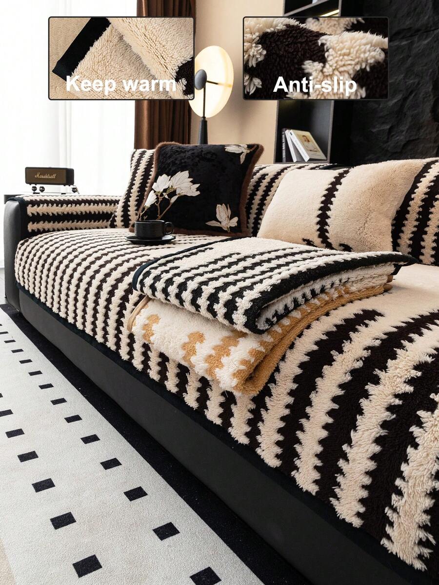 1件柔软绒面沙发套，简约纯色3D设计，宠物友好，防污防刮，适合所有季节，包括圣诞节和新年，可机洗，适用于1/2/3/4人沙发 - 黑色 - 查看 1