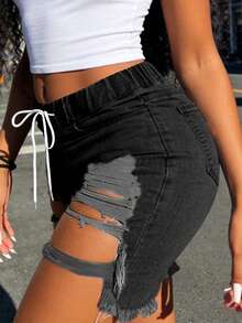 Pantalones cortos de mezclilla con cintura alta, cordón, dobladillo deshilachado y distressed - Cintura elástica, bolsillos prácticos, pantalones cortos de moda casual y estilizadores - Negro - Ver 5